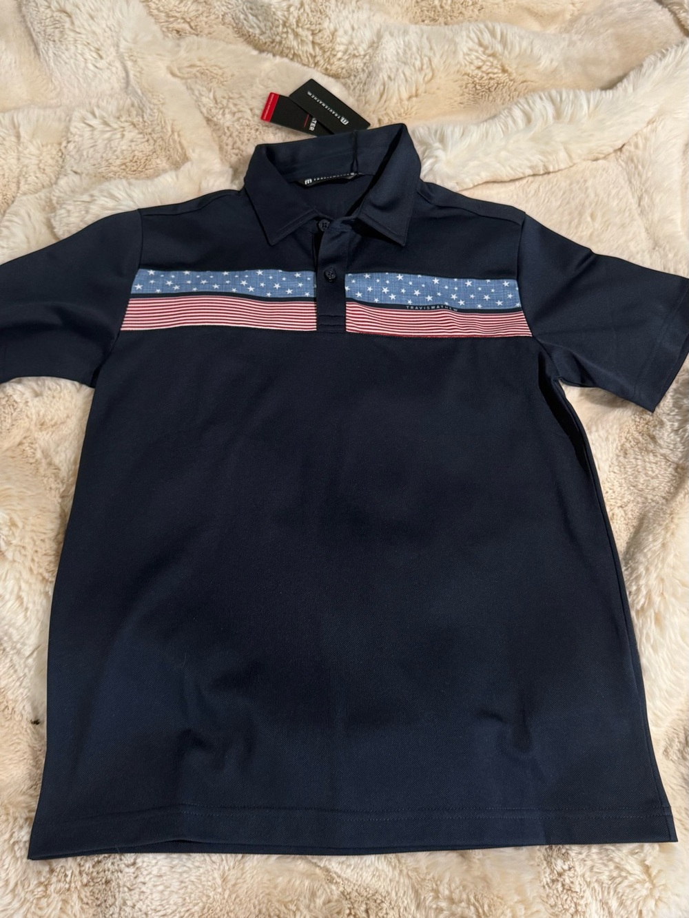 Travis Mathew Good Good Flag Kids Polo with Red and Blue Stripe. Kids Large NWT